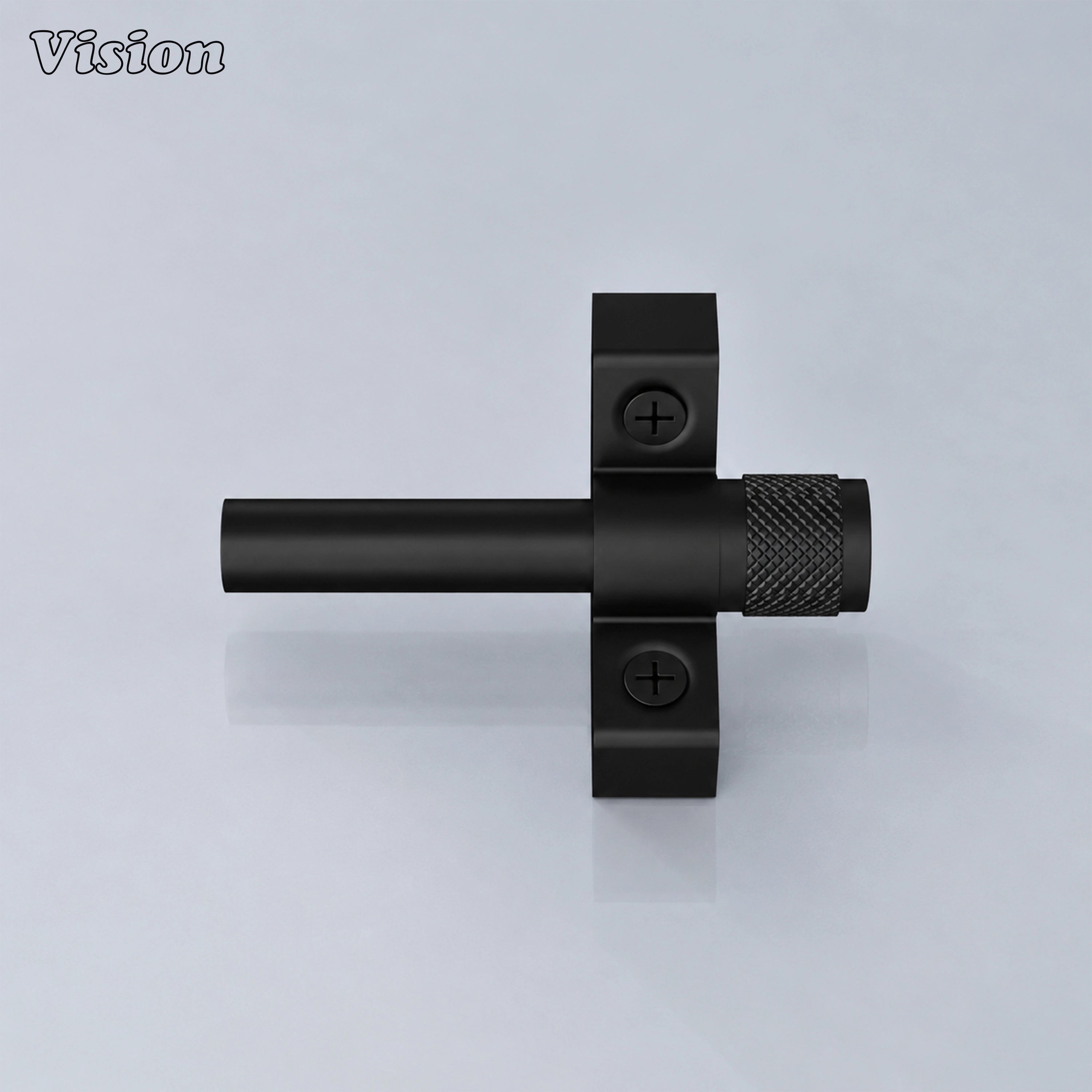 Black artisanal carpet rod with smooth bar and knurled details on custom staircase runners