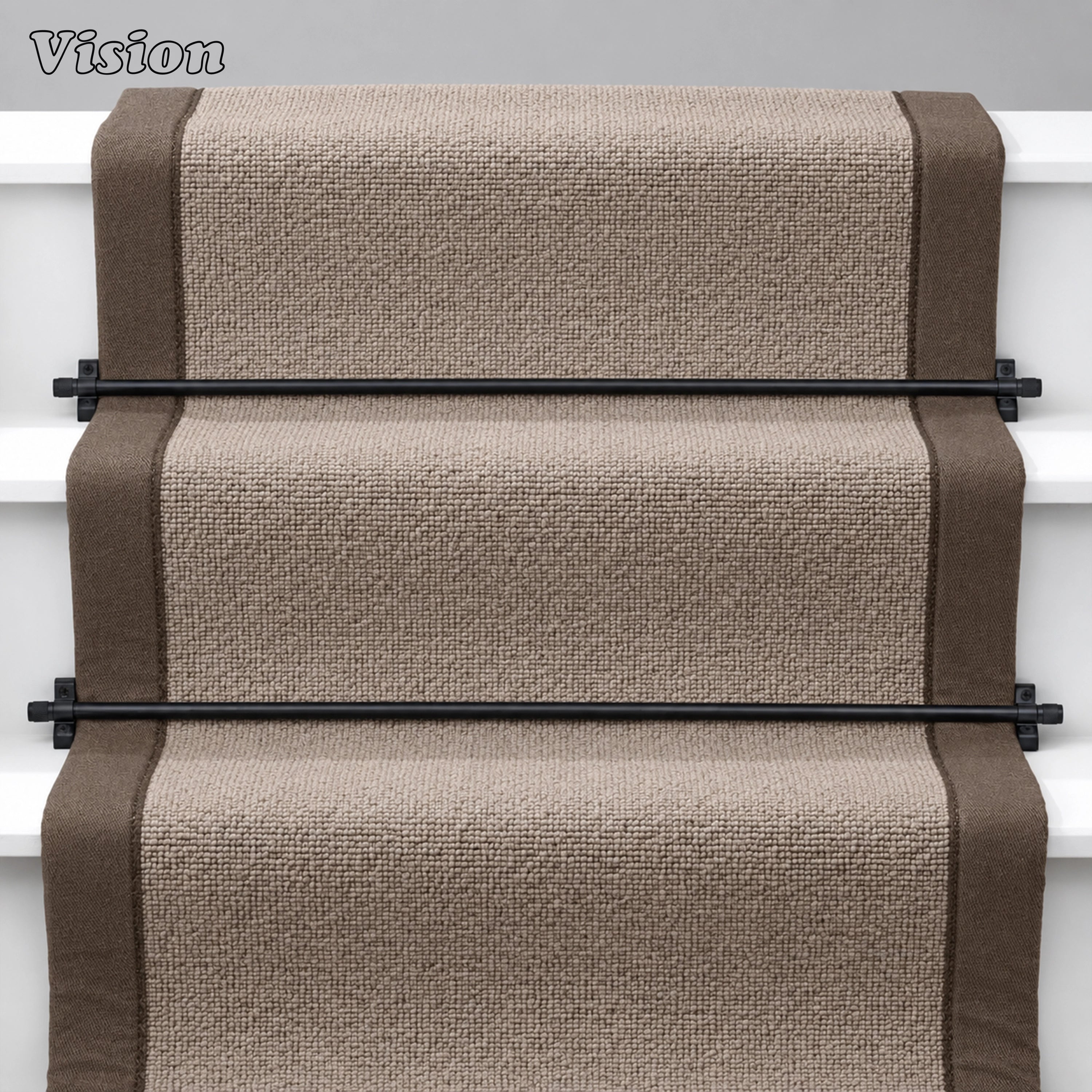 Black heavy-duty stair rod runner with solid brass angled brackets for classic carpeted stairs