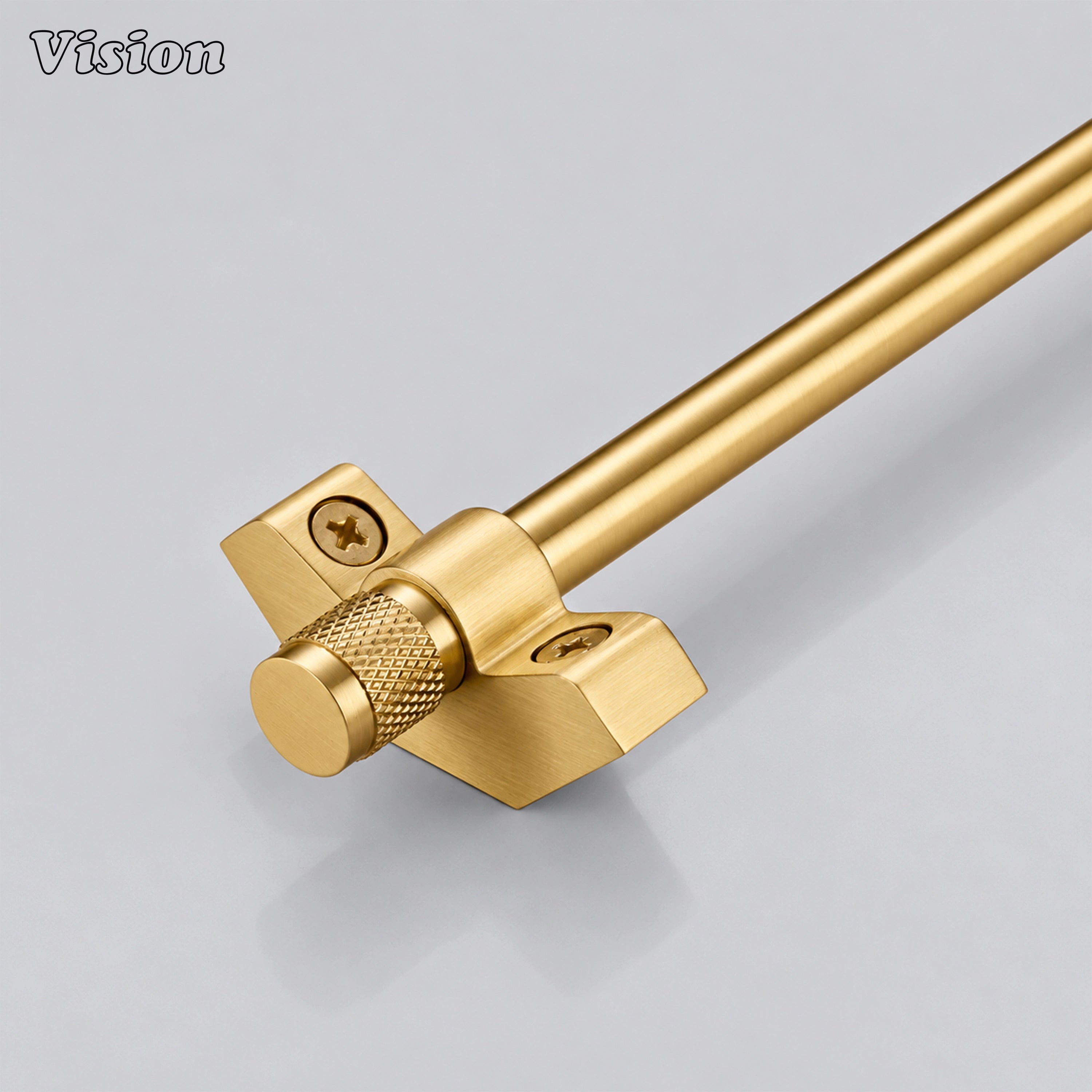 Gold handcrafted stair rod runner with smooth cylindrical bar and knurled finials on carpeted wooden stairs
