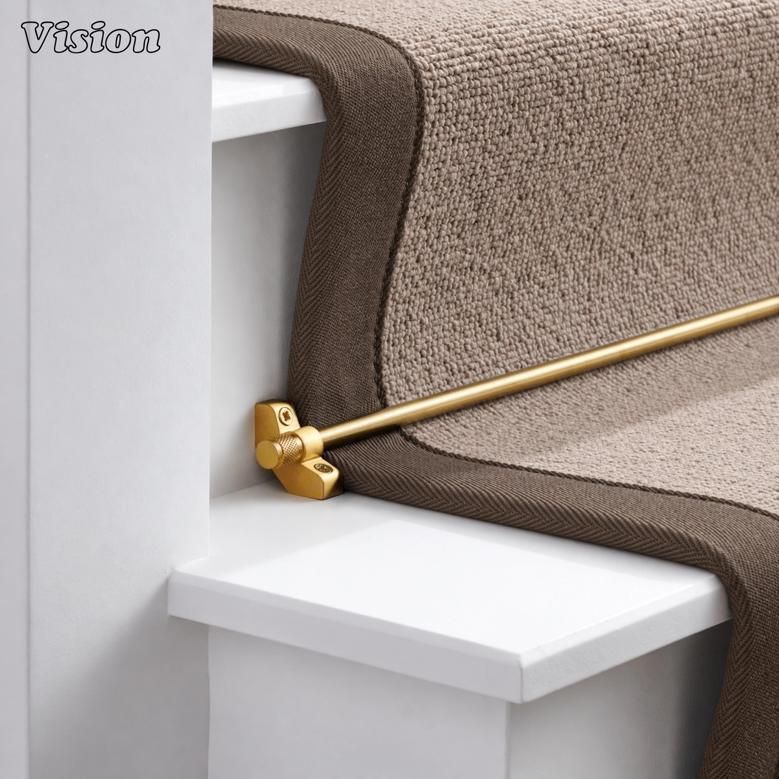 Solid brass gold stair rod runner featuring angled mounting brackets for securing stair carpets
