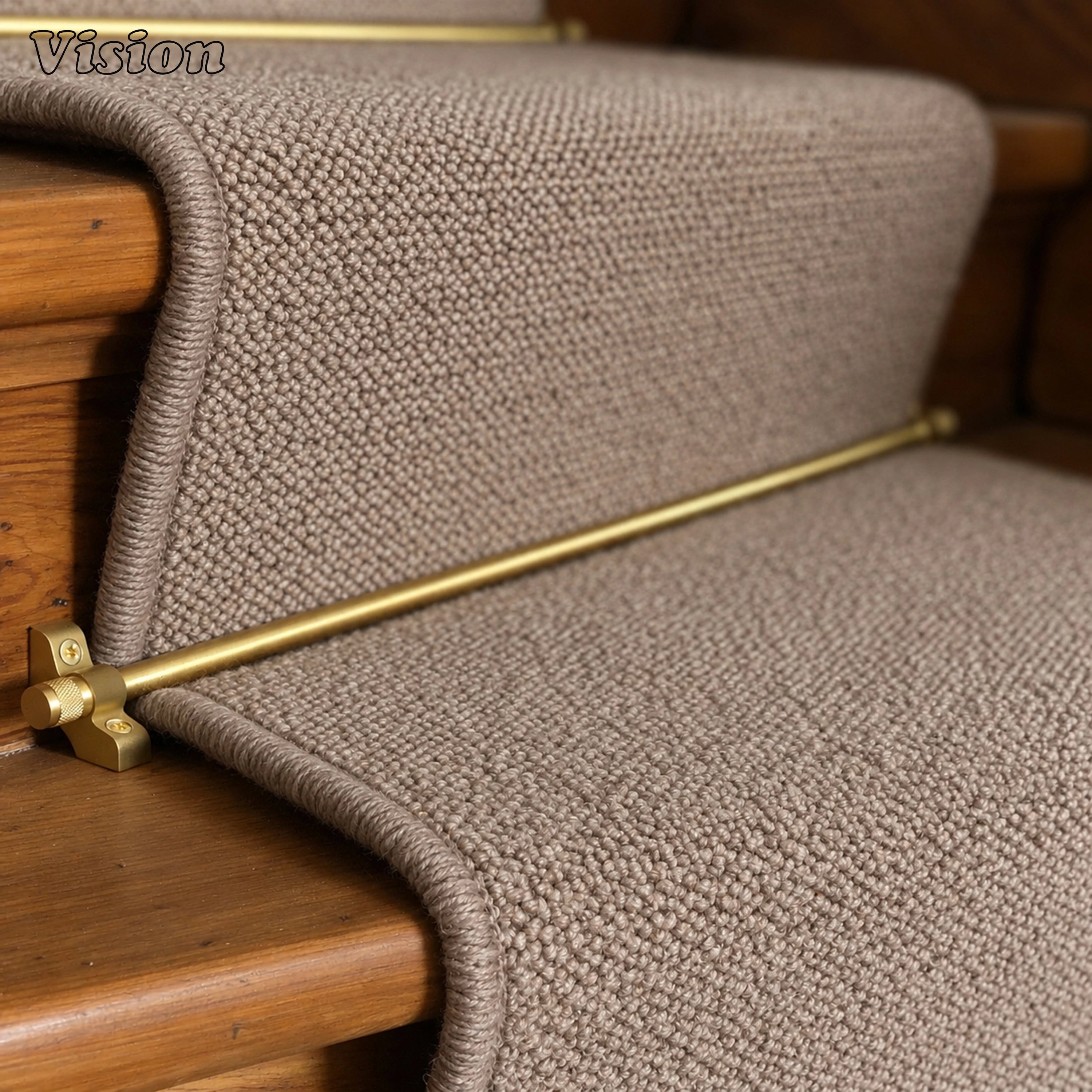 Luxury gold stair runner hardware with tactile knurled finials for elegant interior steps