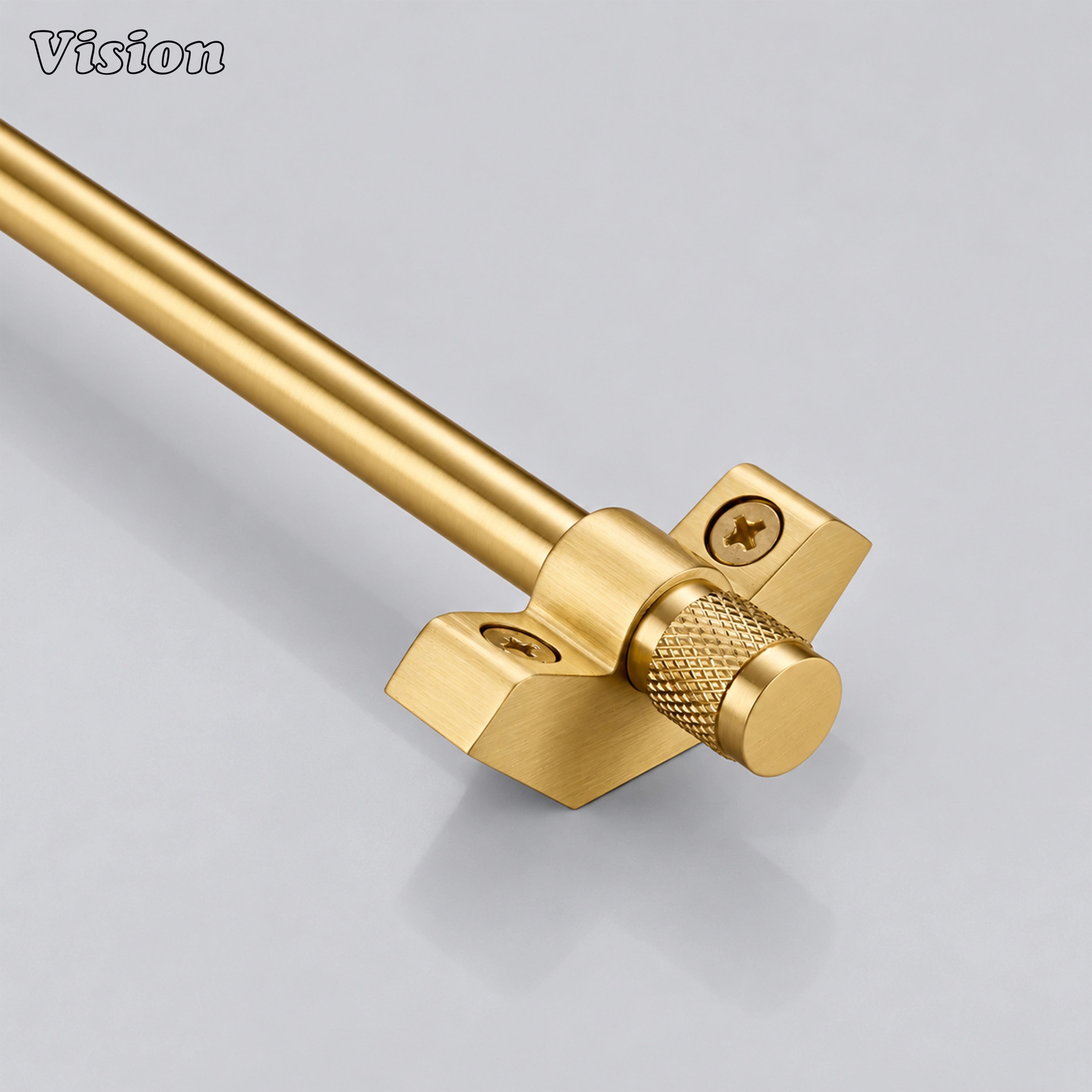 Gold solid brass stair rod runner with cylindrical profile for securing heavy carpet runners