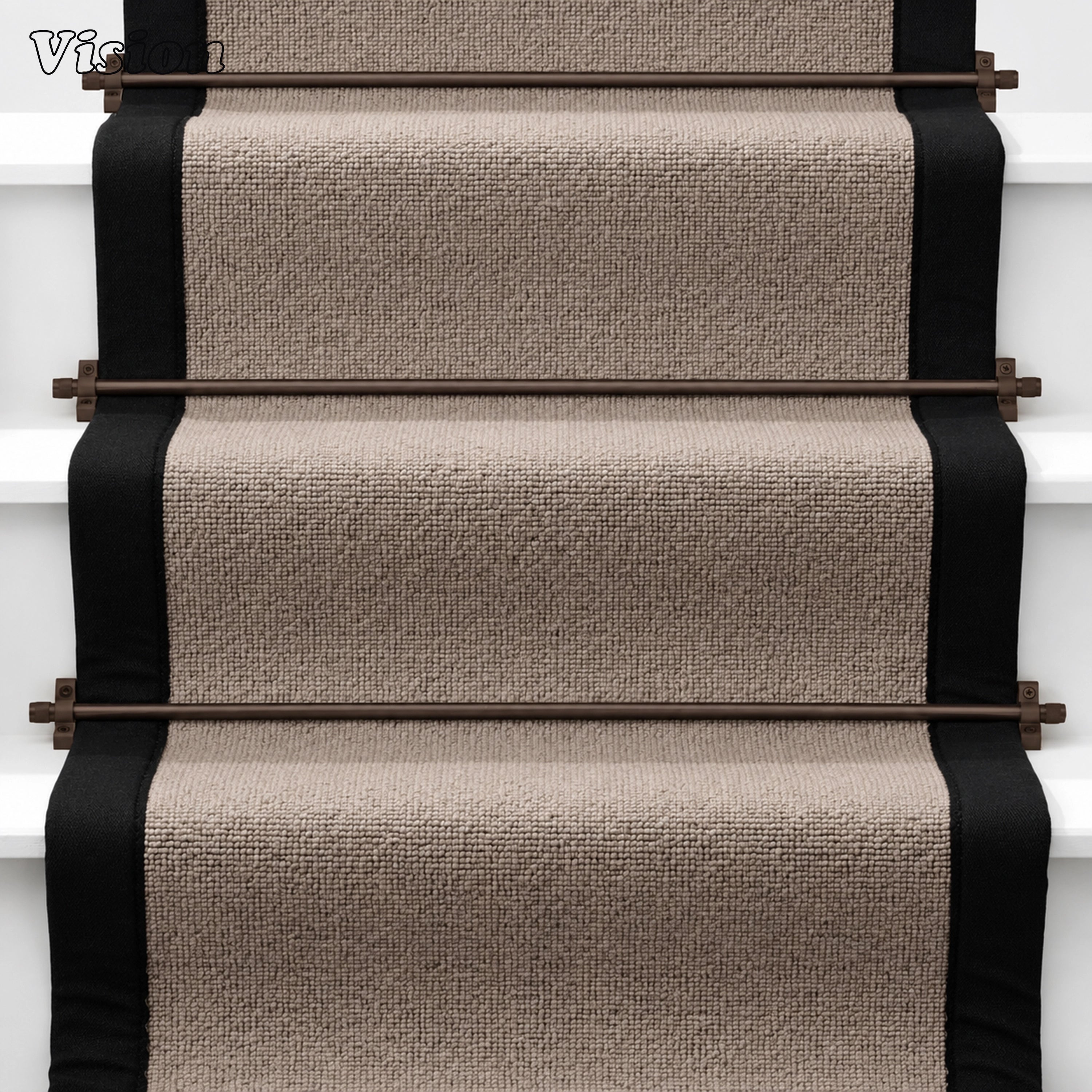 Oil rubbed bronze artisanal carpet rod with smooth bar and knurled details on custom staircase runners