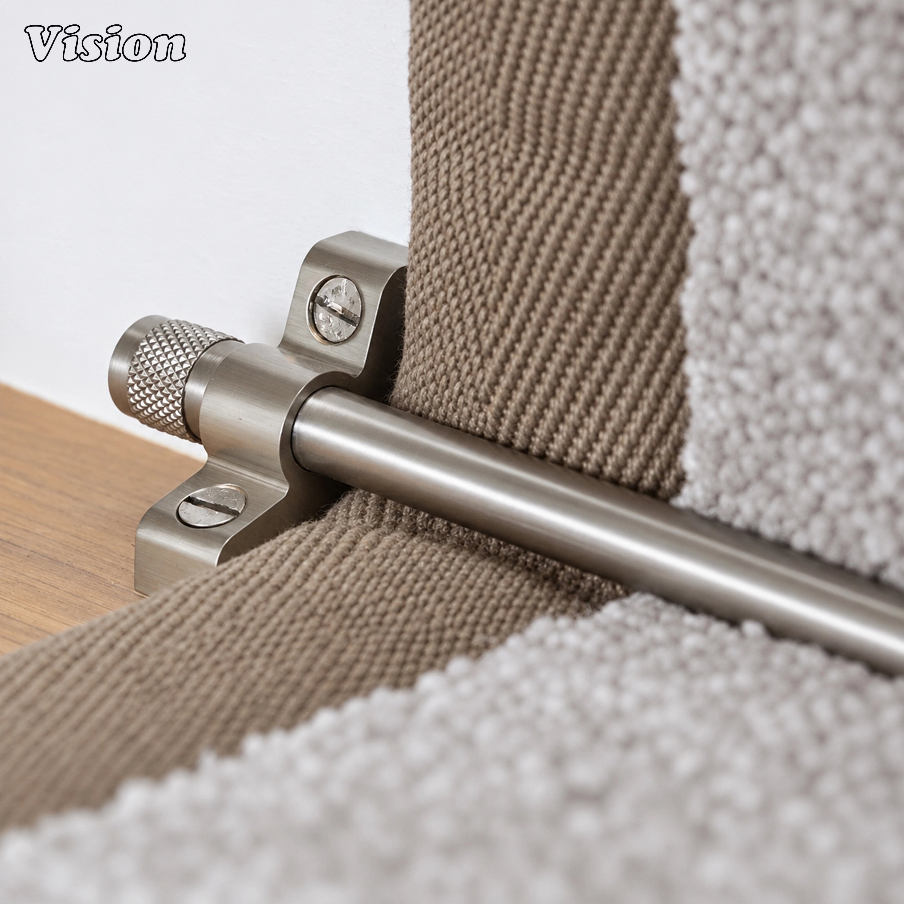 Luxury silver stair runner hardware with tactile knurled finials for elegant interior steps