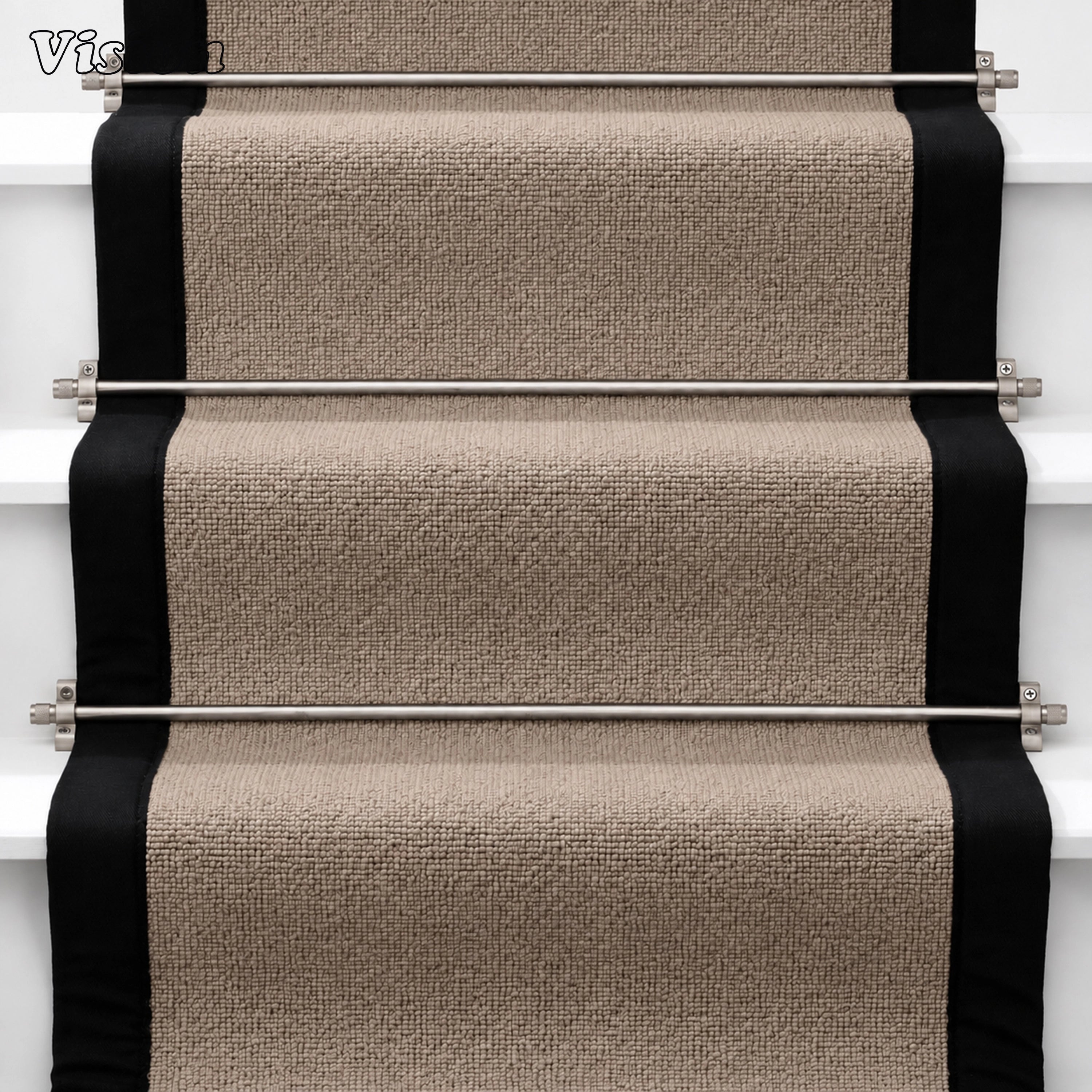 Silver artisanal carpet rod with smooth bar and knurled details on custom staircase runners