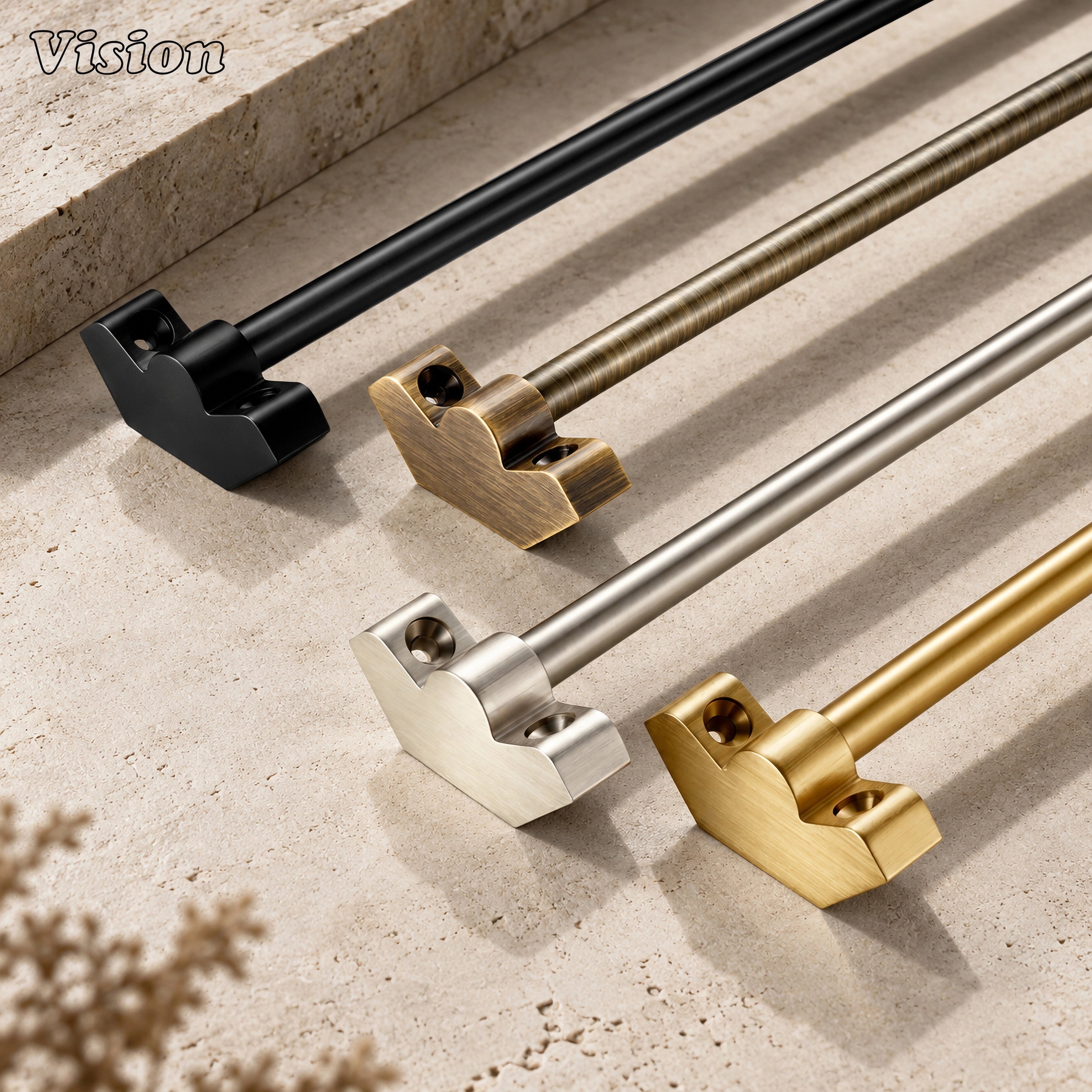 Premium gold carpet runner rod with unadorned ends mounted on a grand staircase