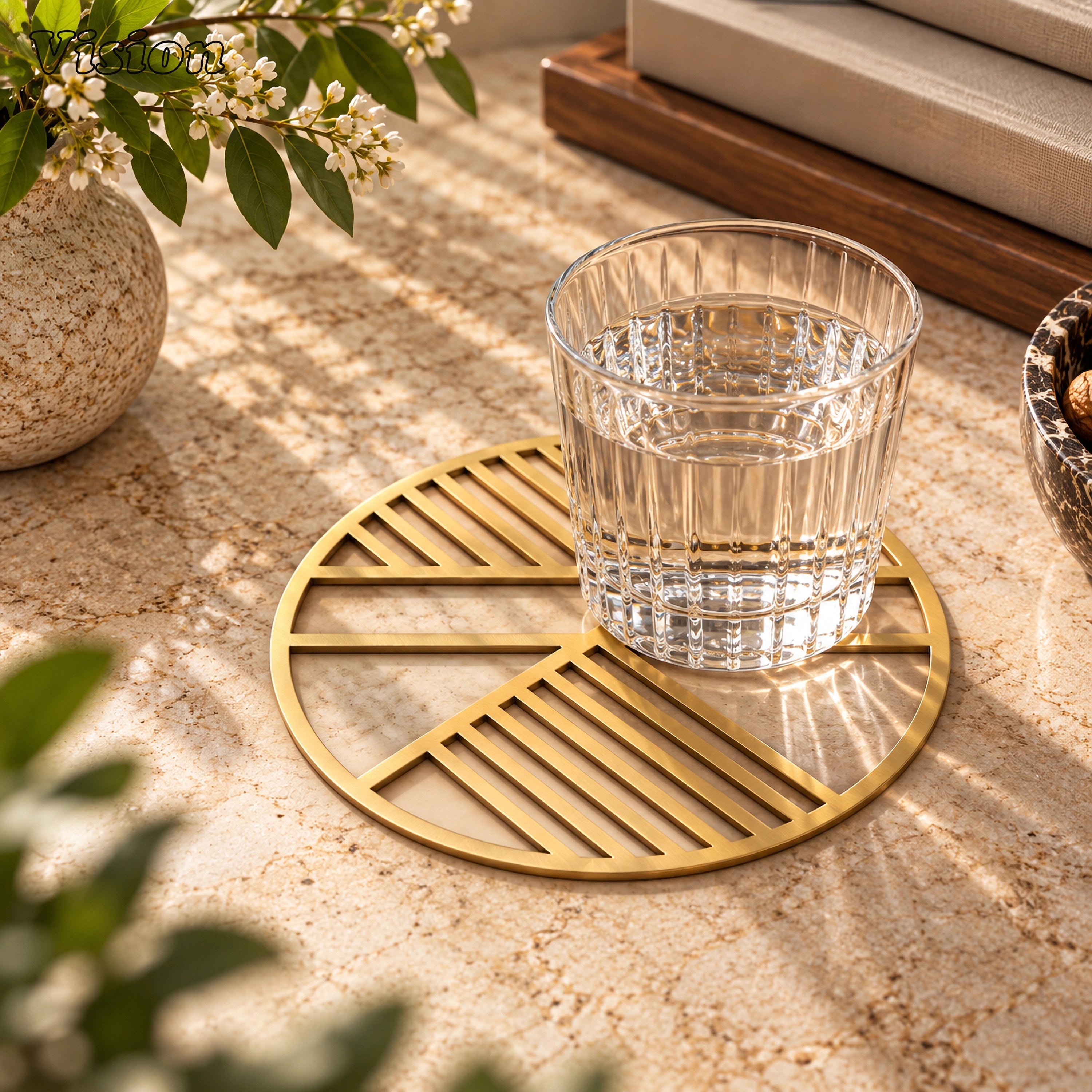 Round gold tabletop coaster featuring a geometric open framework on a luxury wooden bar cart