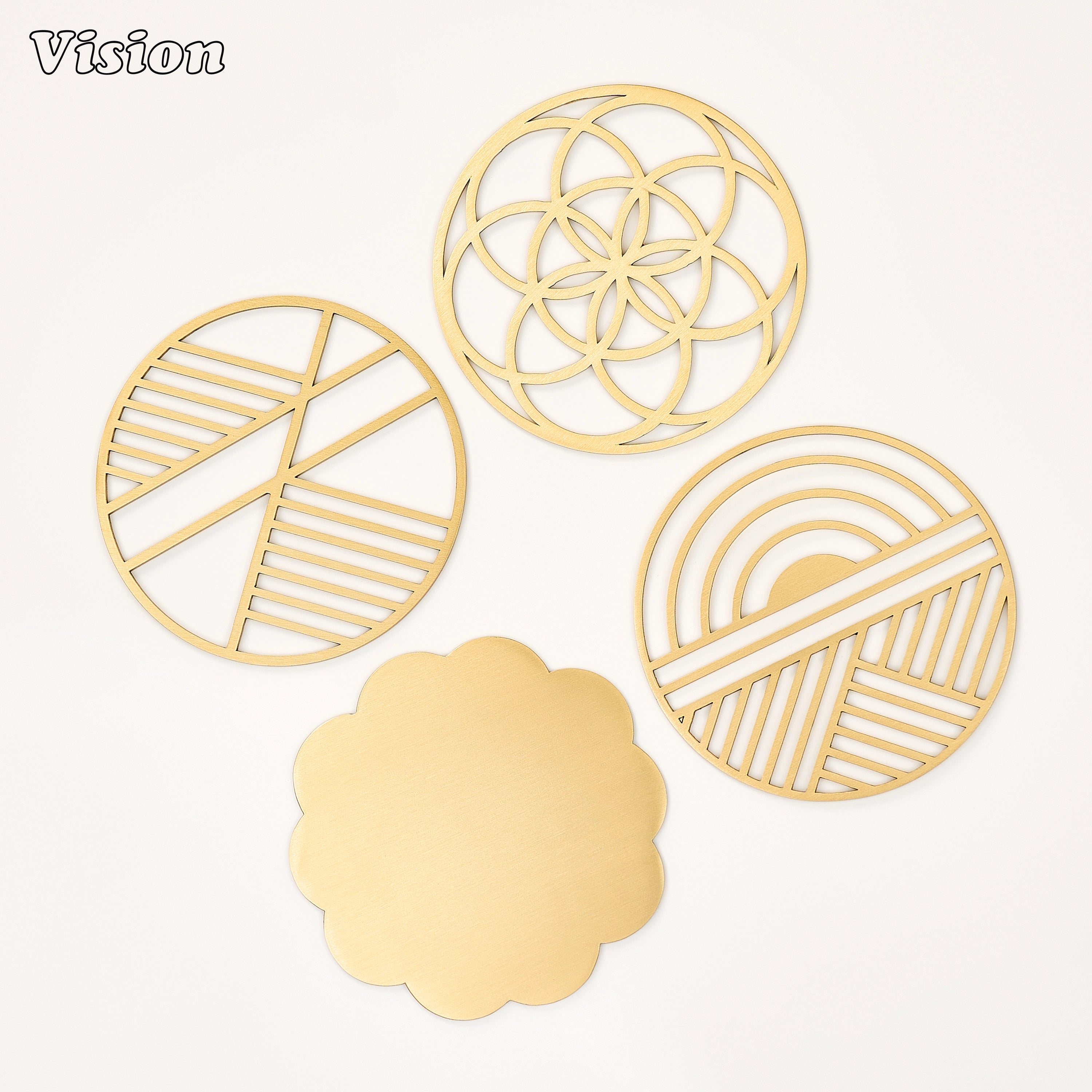 Premium gold architectural brass coaster with structural linear cutouts protecting a marble coffee table