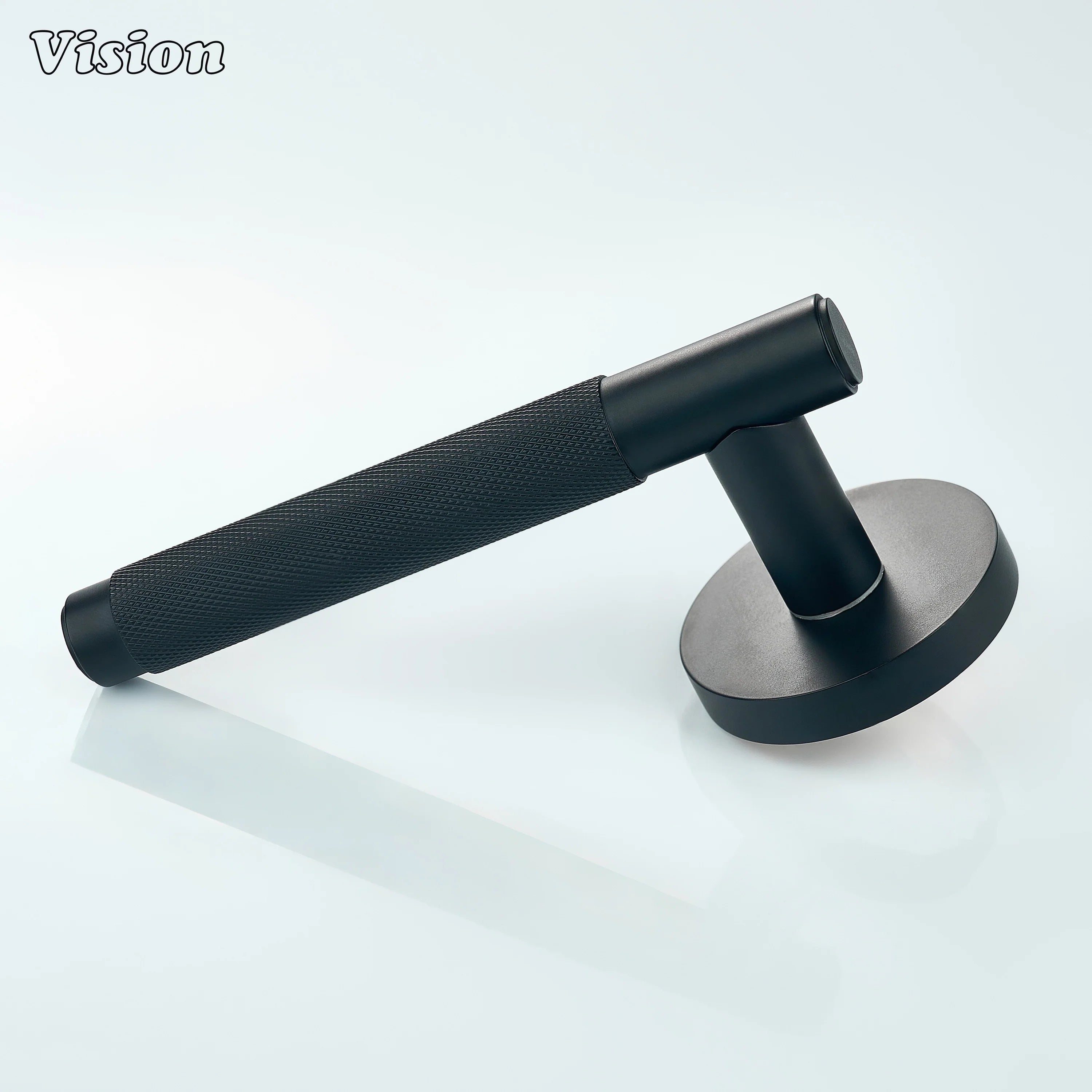 Black knurled lever handle installed on a contemporary interior door.