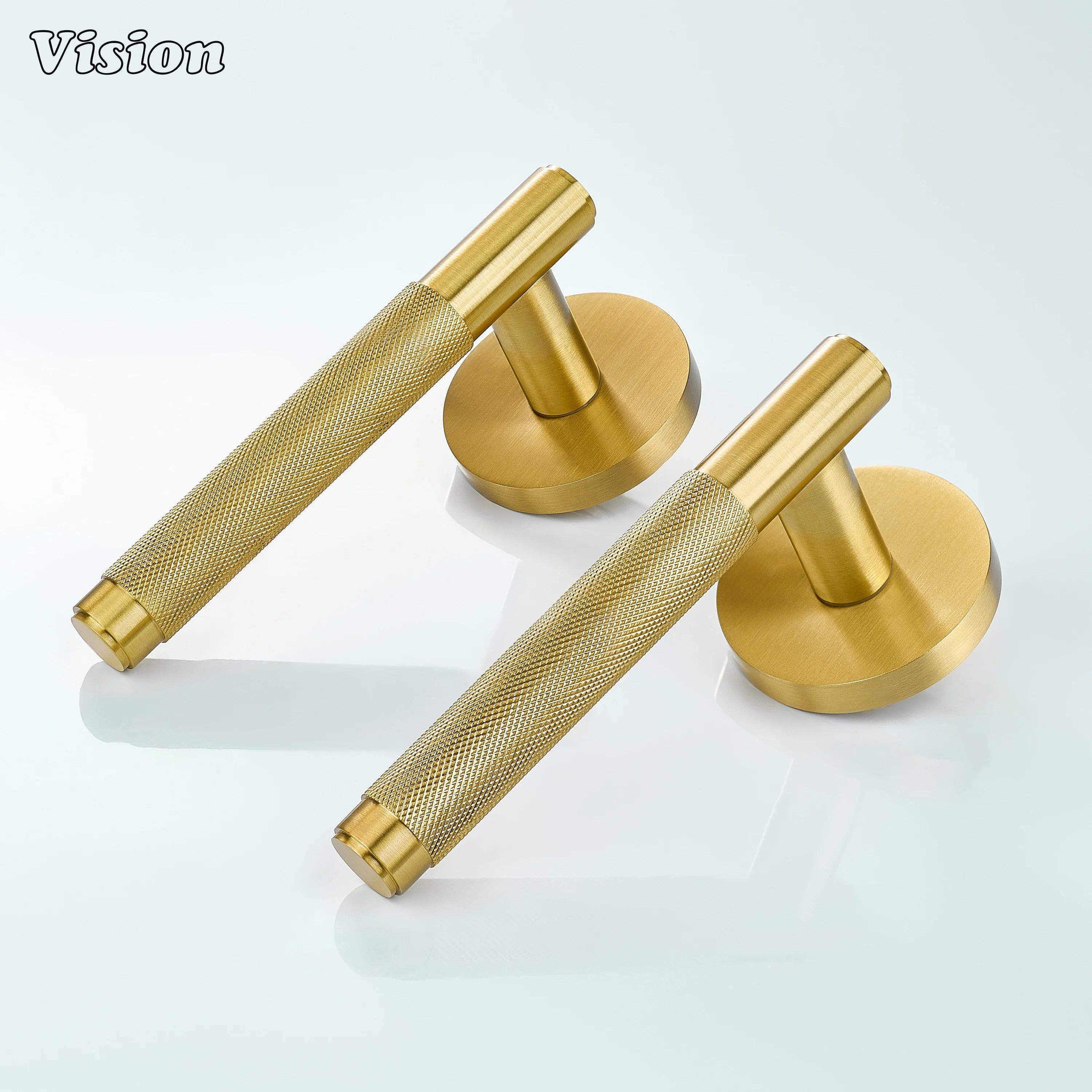 Gold knurled brass door lever handle for modern interior doors.