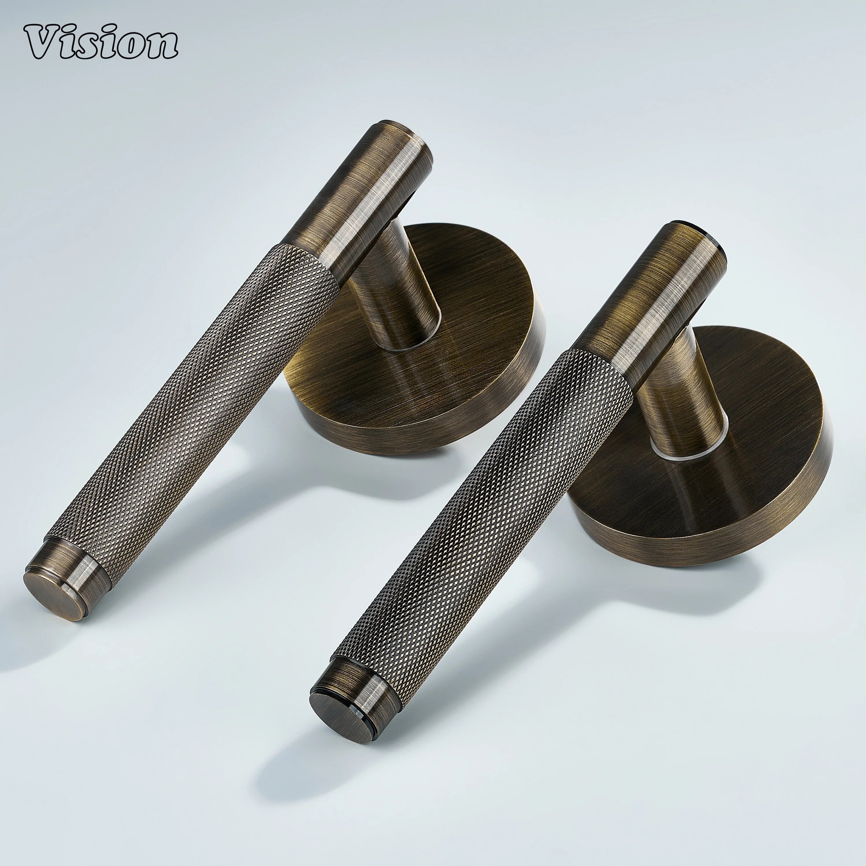 Antique bronze knurled brass door lever handle for classic interiors.