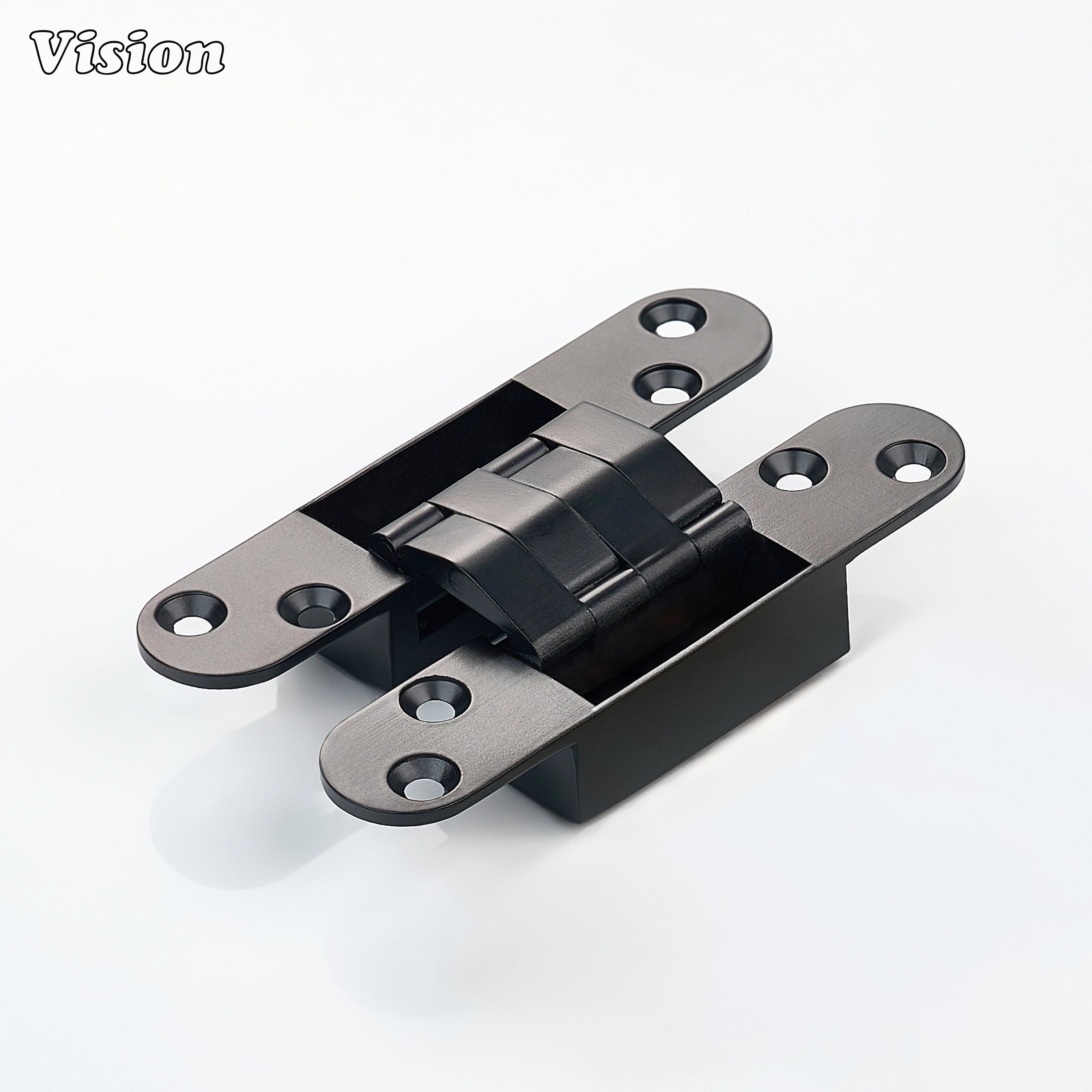 Black solid brass invisible hinge with concealed flush profile for hidden doors, modern kitchen cabinets and premium furniture