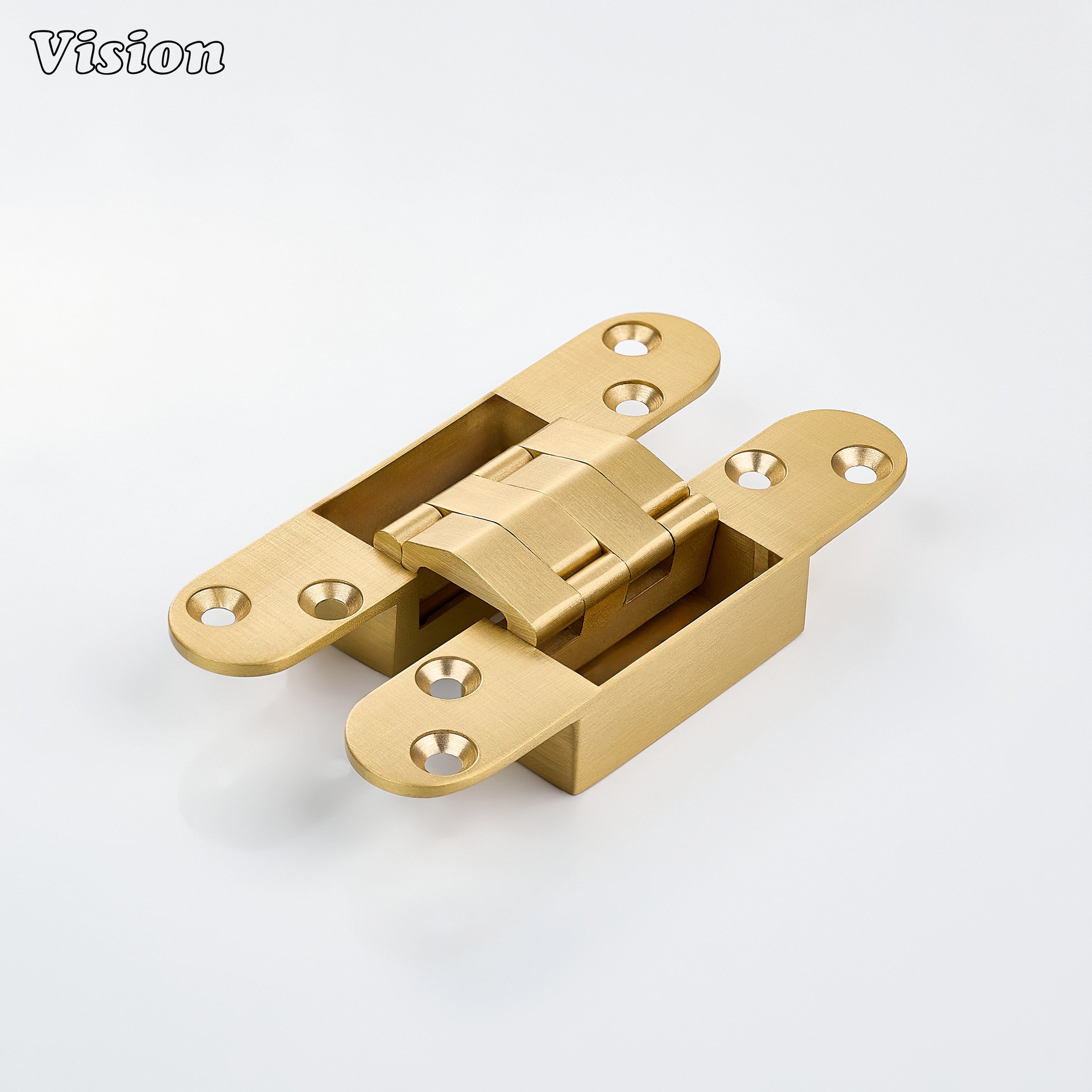 Gold solid brass invisible hinge with concealed flush profile for hidden doors, modern kitchen cabinets and premium furniture