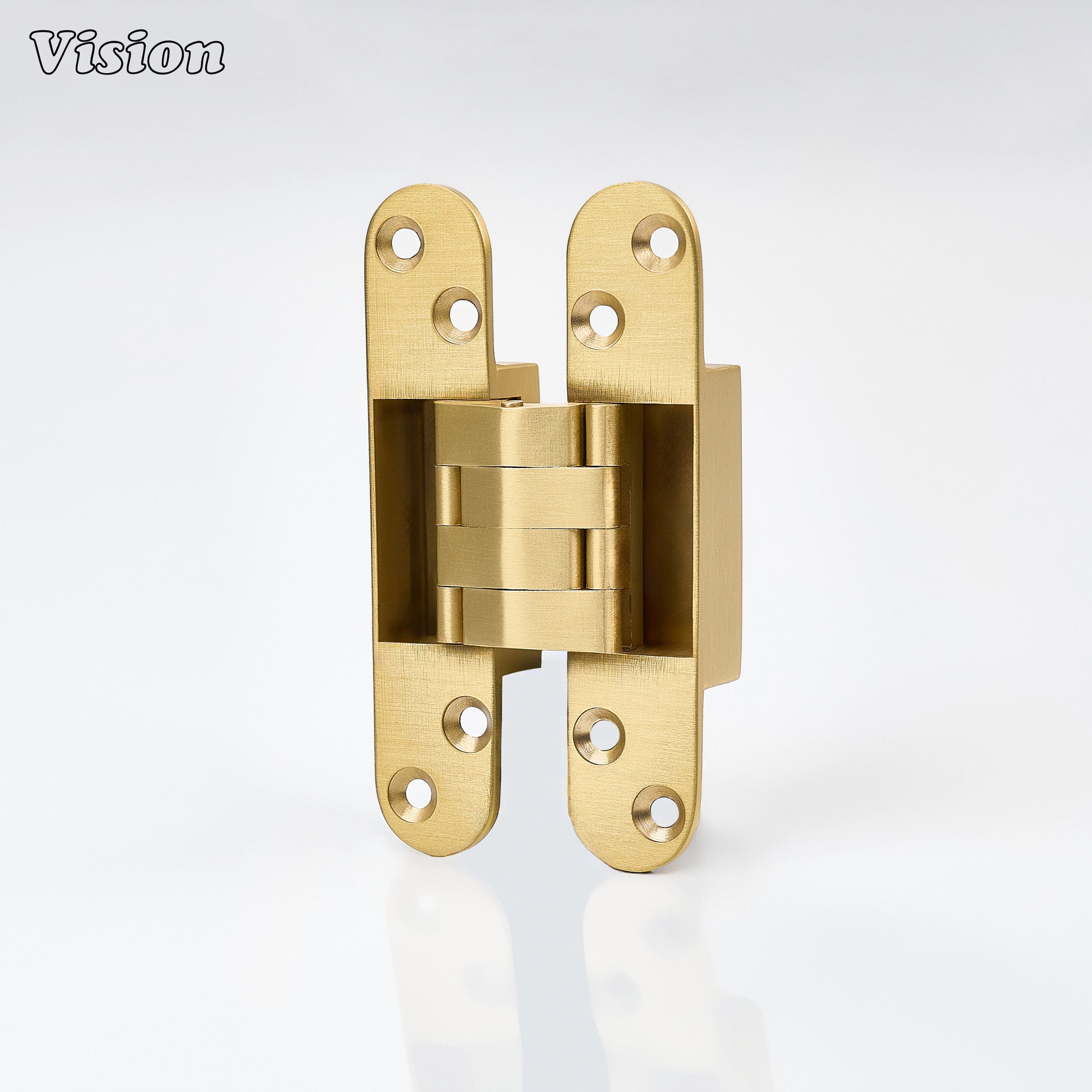Gold architectural invisible hinge designed for hidden doors, kitchen cabinetry and contemporary furniture pieces