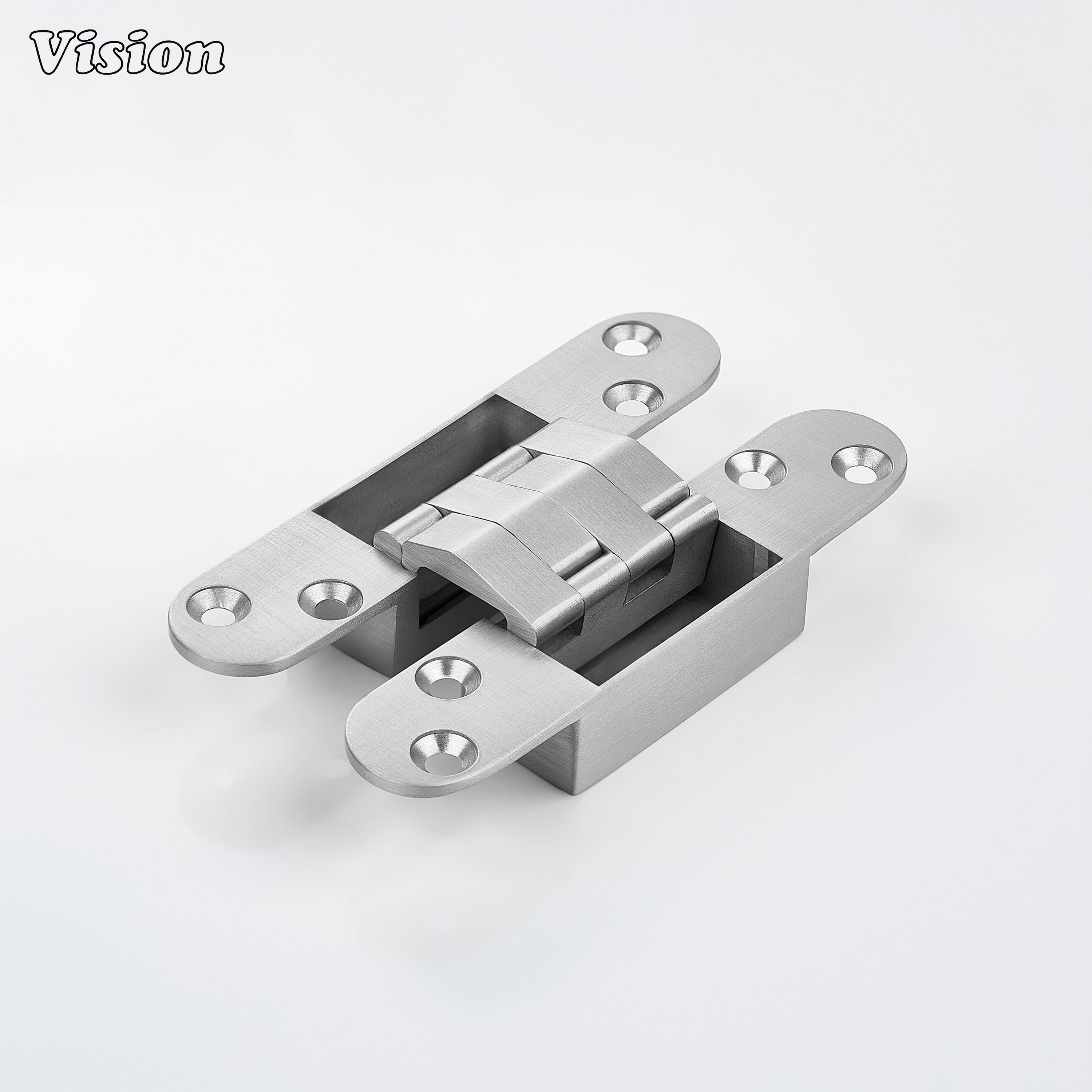 Silver solid brass invisible hinge with concealed flush profile for hidden doors, modern kitchen cabinets and premium furniture
