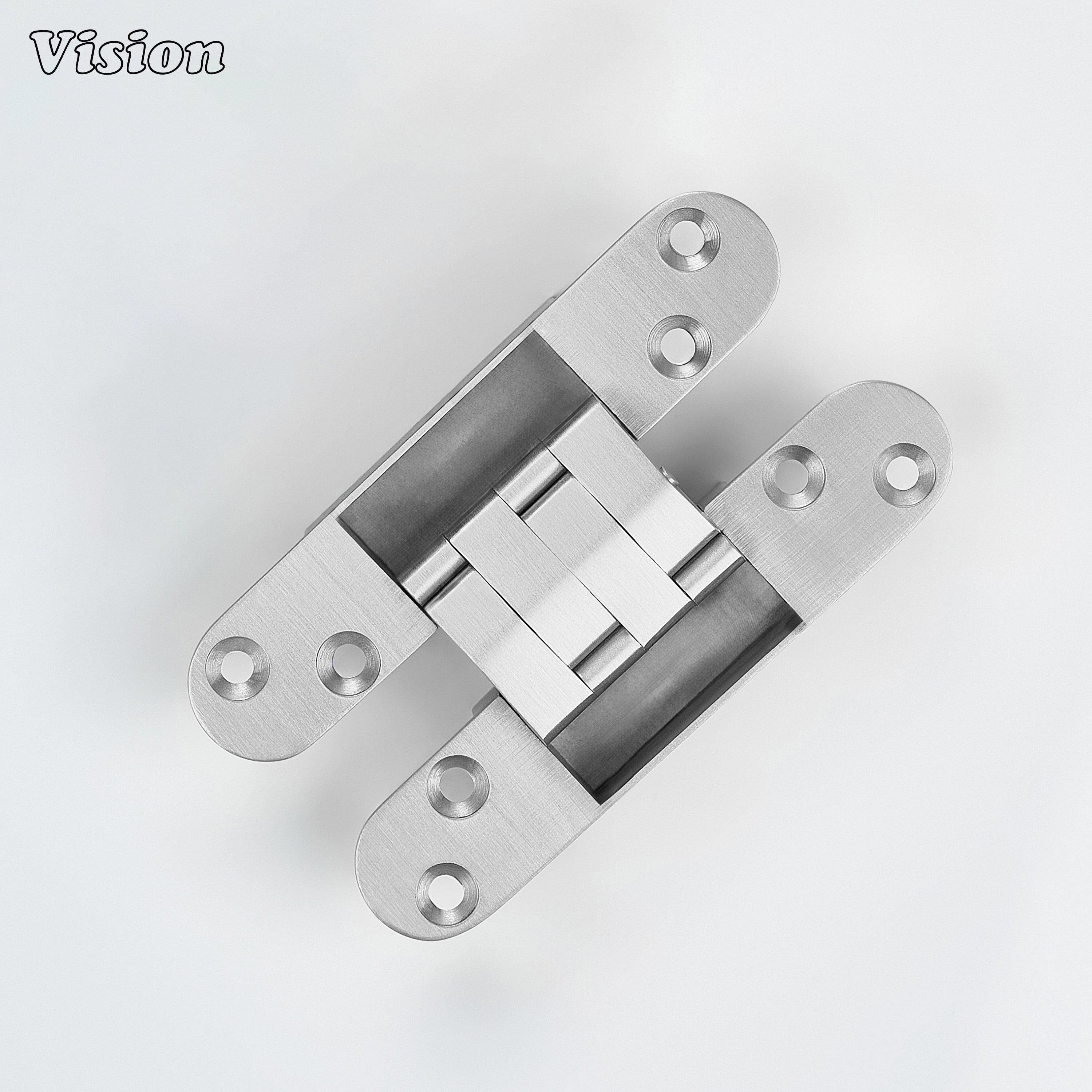 Silver concealed brass hinge featuring a smooth pivot mechanism for hidden pantry doors, drawers and cabinetry