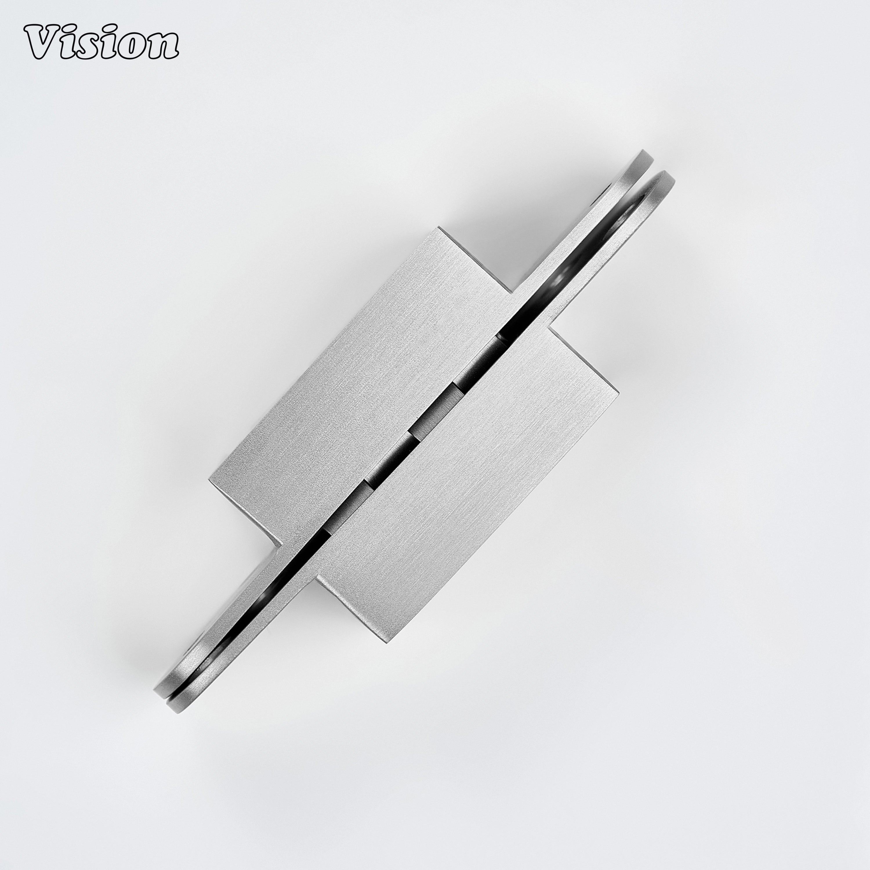 Silver flush-mount invisible hinge in solid brass for secret doors, luxury cabinetry and interior furniture applications
